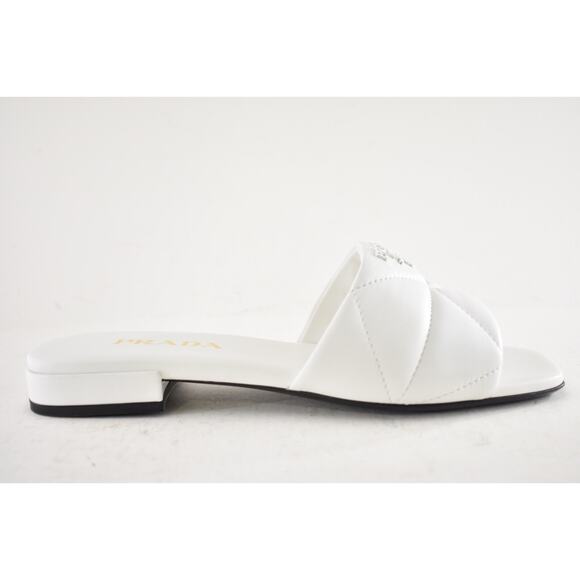 Prada White 55mm Quilted Nappa Leather Logo Slide Sandal Flat Sabots Mule 39.5 - Picture 2 of 16